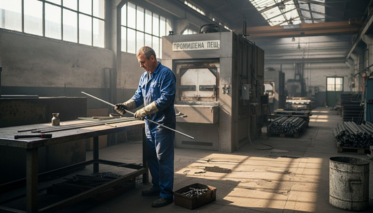 Technician inspecting stainless steel rods