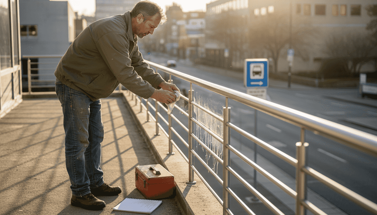 Supervisor inspecting outdoor stainless steel railing