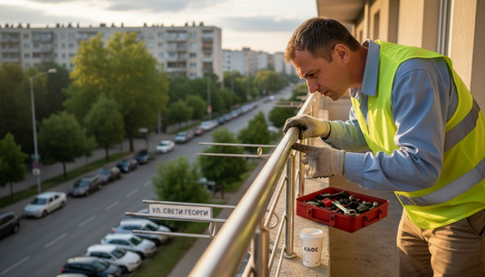 Инженер извършва оглед на парапета от неръждаема стомана на балкона.