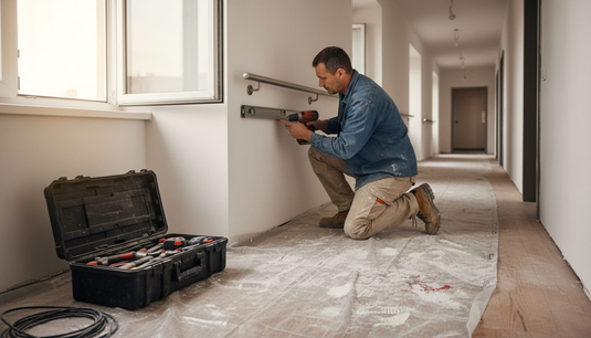 Contractor installs wall-mounted railing in corridor