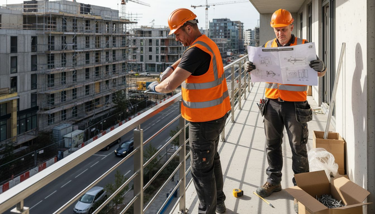 Workers installing ready-made railings on balcony
