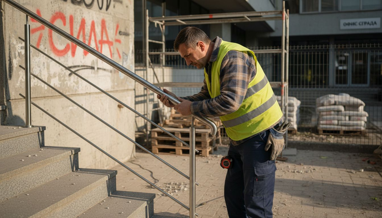 Служител инспектира металния парапет на фасадата.