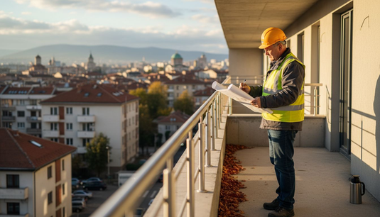 Construction supervisor inspecting stainless steel balcony railings