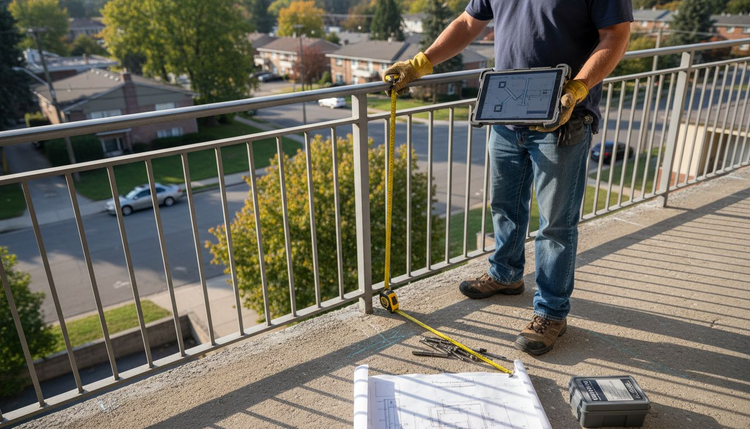 Crew leader preparing balcony for railing install