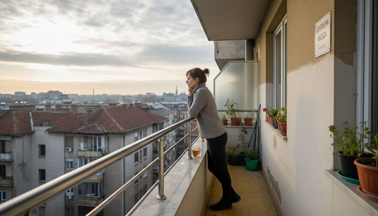 Жена стоеше на балкона и се подпираше на металния парапет.