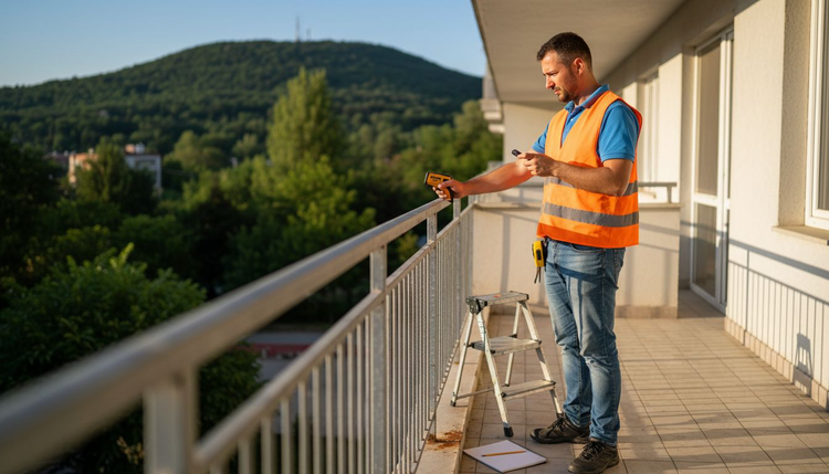 Contractor measuring balcony railing with laser tool