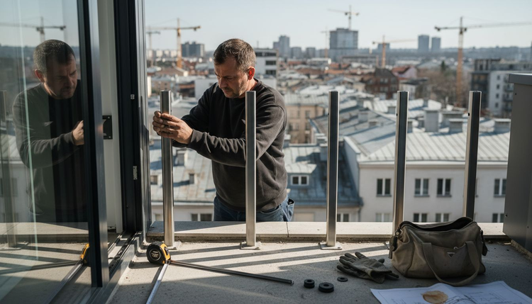 Contractor assembling modular steel railing on balcony
