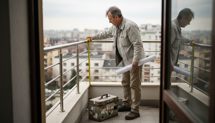 Инспектор проверява височината на парапета на балкона, за да се увери, че отговаря на изискванията за безопасност.
