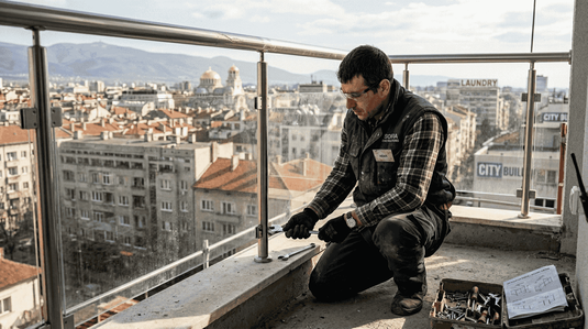 Worker installing stainless steel railings on balcony