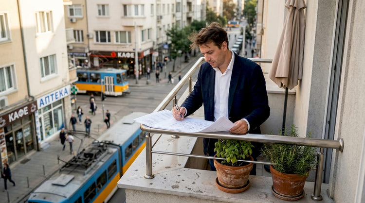 Архитектът оглежда внимателно дизайна на парапета на балкона, като преценява дали отговаря на изискванията за безопасност и естетика.