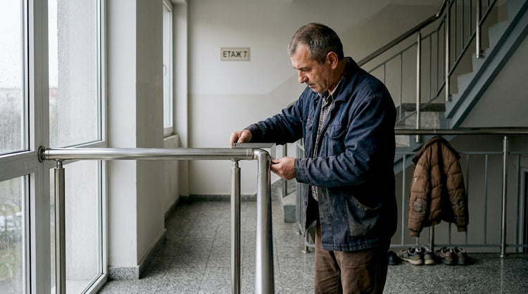 Мъж оглежда иноксовия парапет във входа на жилищна сграда.