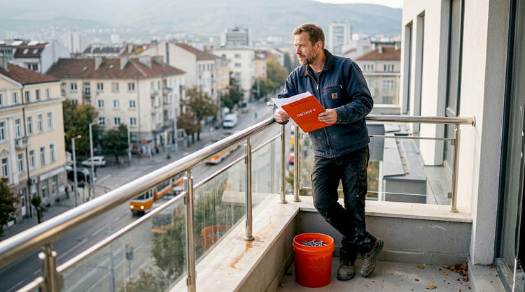 Contractor checks stainless steel balcony railing plans