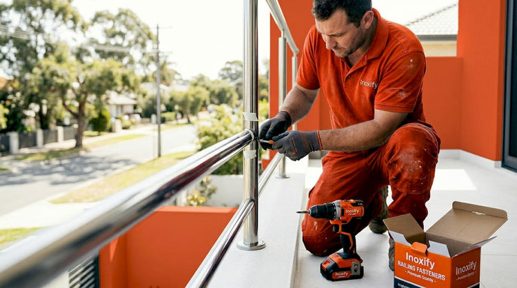 Installer adjusting stainless steel railing balcony