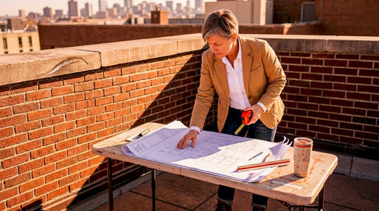 Architect reviewing parapet wall plans
