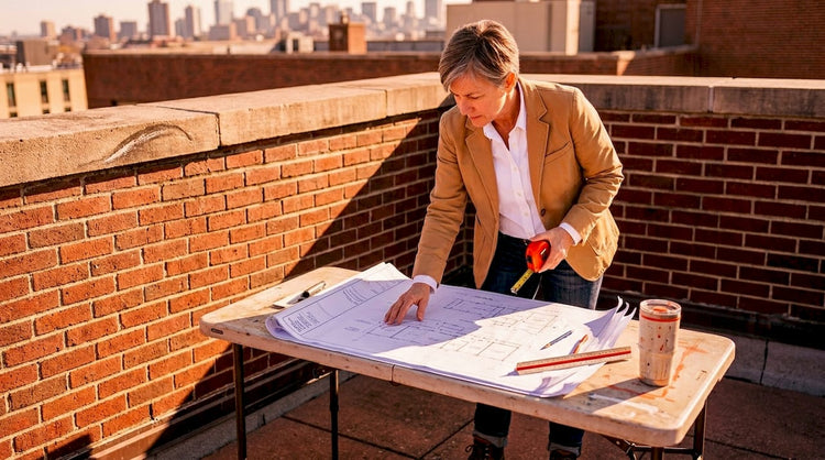 Architect reviewing parapet wall plans