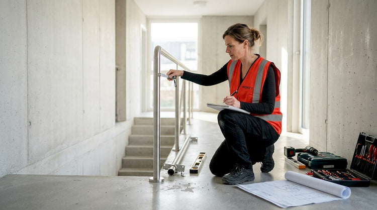 Architect checking stainless steel railing height