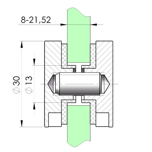 Иноксов пул (точков държач) ф30 за фиксиране между 2 стъкла от 8 до 21,52 мм. и резба М8