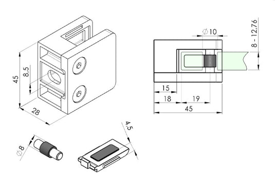 Квадратен държач за стъкло 45мм (3.5–12.76мм) – прав – Инокс
