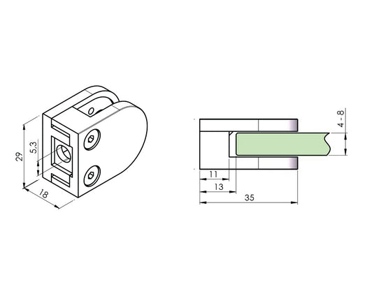 Заоблен иноксов държач за стъкло 4–8 мм – прав