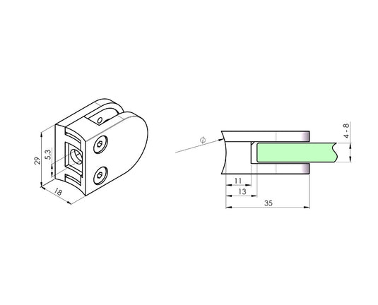 Technical drawing of stainless steel round glass clamp for 42.4mm tube