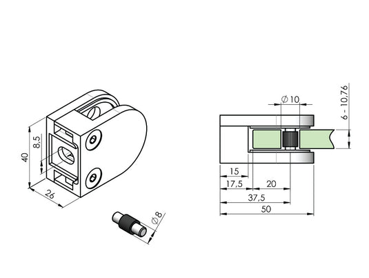 Заоблен иноксов държач за стъкло 1.5–10.76 мм – прав – 50 мм – AISI 304