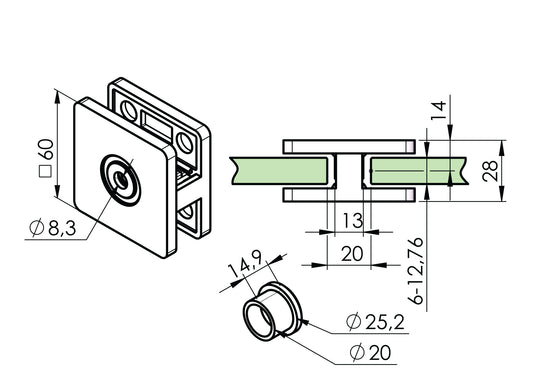 Квадратен челен държач за стъкло 6–12.76мм – Инокс